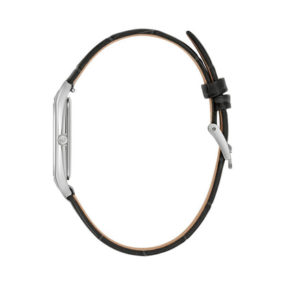 Side view of the BULOVA MOD. 96B445 wristwatch with a black leather strap and silver case.