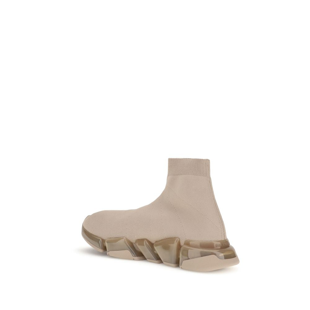 Balenciaga Beige Polyester Athletic Sneakers with non-slip geometric sole and sleek sock design, offering contemporary style and comfort.