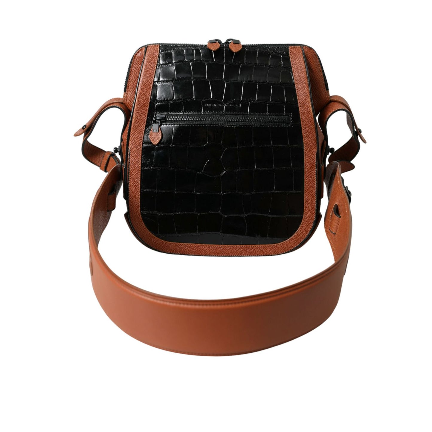 Balenciaga Black Brown Exotic Skin Leather Vertical Crossbody Purse Bag