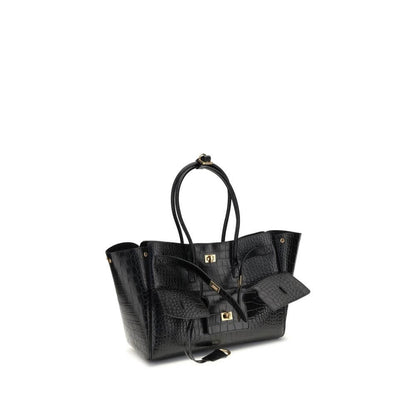 Balenciaga Black Calf Leather Bos Taurus Shoulder Bag with embossed logo and antiqued gold hardware, featuring side snap buttons.