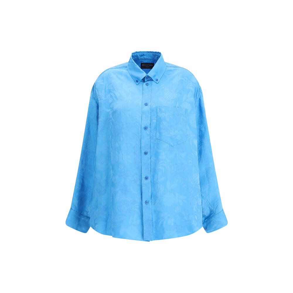 Balenciaga Blue Viscose Pattern Shirt with floral design, cocoon silhouette, rounded back and button-down front.