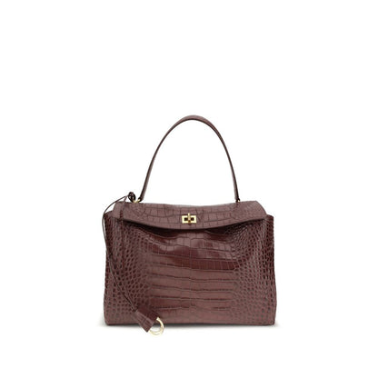 Balenciaga Brown Calf Leather Bos Taurus Handbag with crocodile-effect, removable handle, dual compartment, and flap closure.