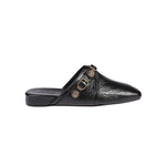 Balenciaga Cozy Cagole leather mules in black with silver studs, buckle closure, square toe, slip-on design, and black leather sole.