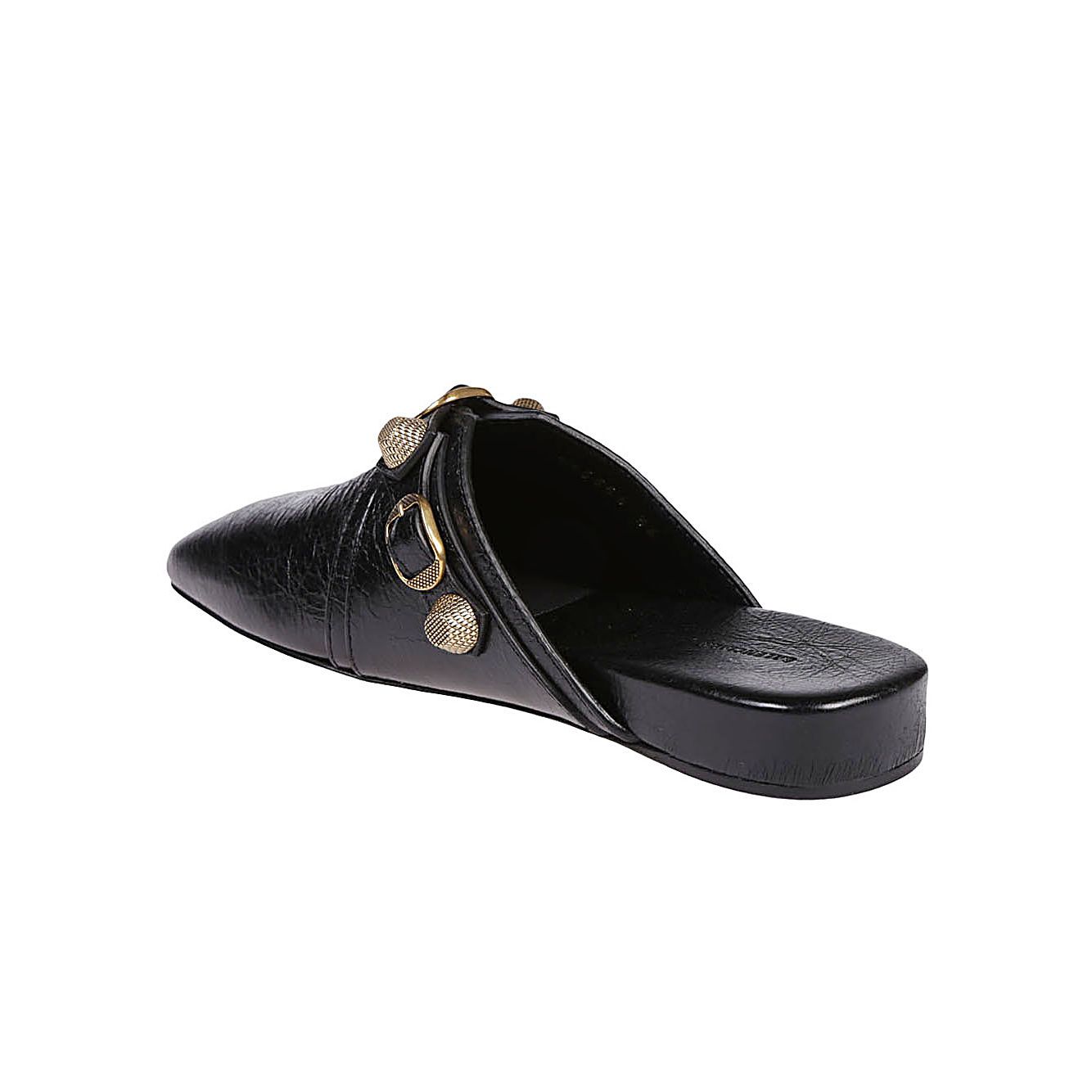 Balenciaga Cozy Cagole leather mules in black with silver stud details and a square toe design, showing back opening and flat sole.