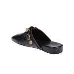 Balenciaga Cozy Cagole leather mules in black with silver stud details and a square toe design, showing back opening and flat sole.