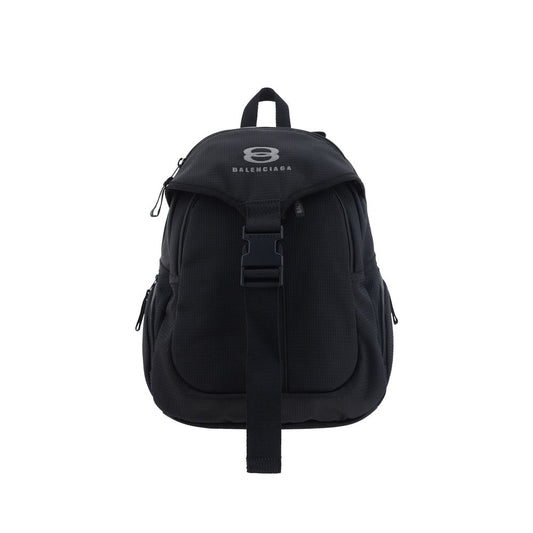 Balenciaga Unity Backpack with top handle, buckle closure, front monogram, zippered pockets, 35x35x16cm, black AW25 edition.