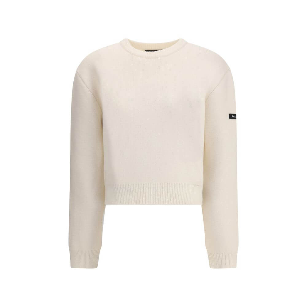 Balenciaga White Wool Sweatshirt with crew neck, dropped shoulders, logo patch, ribbed cuffs and hem, made from soft virgin wool.