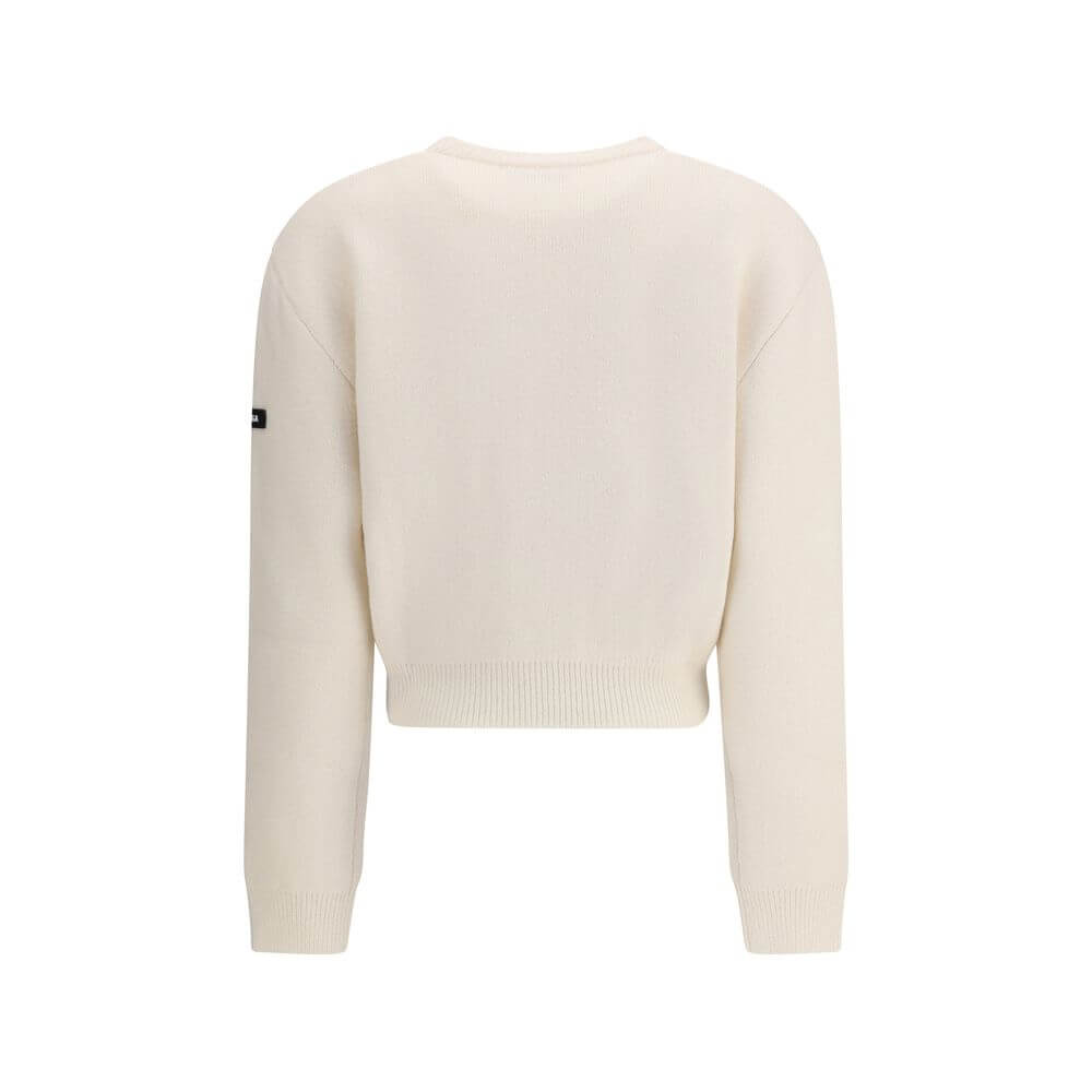 Back view of Balenciaga White Wool Sweatshirt, featuring a crew neck and logo patch on the sleeve.