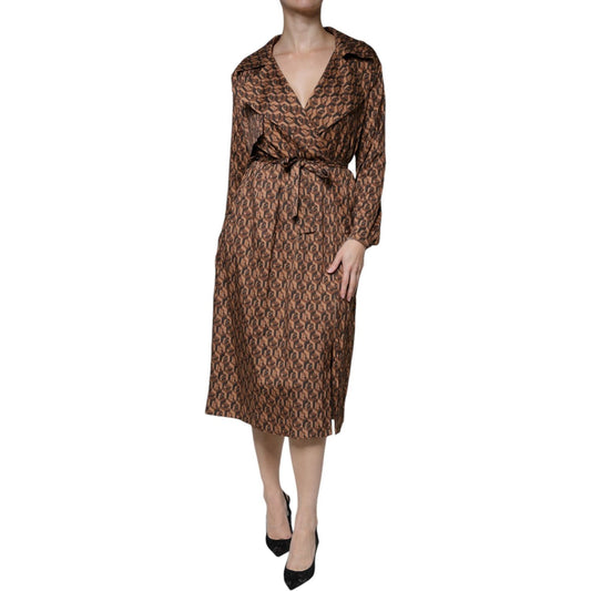 Ballantyne Brown Printed Long Sleeves V-neck Wrap Midi Dress DR81485-40