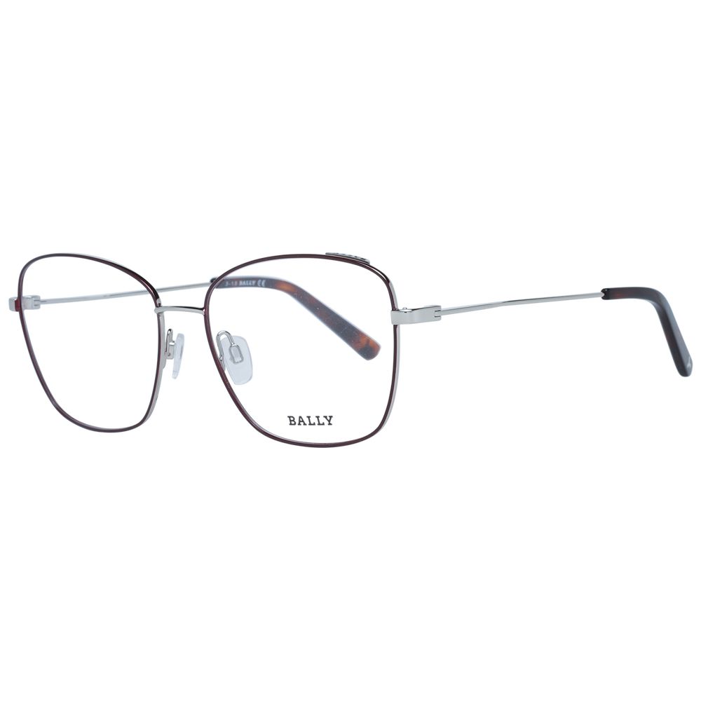Bally Burgundy Women Optical Frames, square style, metal frame, full-rim, demo lenses, branded case included.