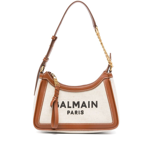 Balmain B-Army canvas shoulder bag with beige zip, detachable handle, and front embroidered logo.