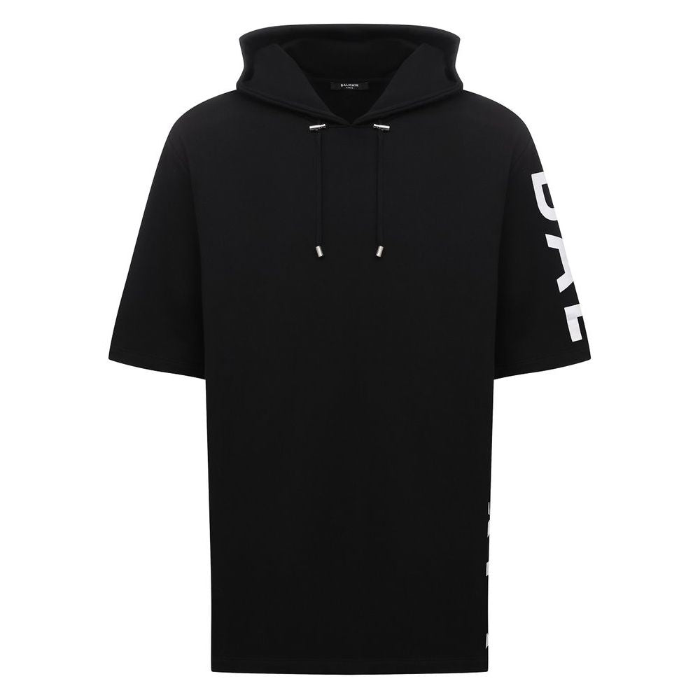 Balmain Black Cotton Sweater with logo print, half-sleeve, and drawstring hood, showcasing luxury fashion.