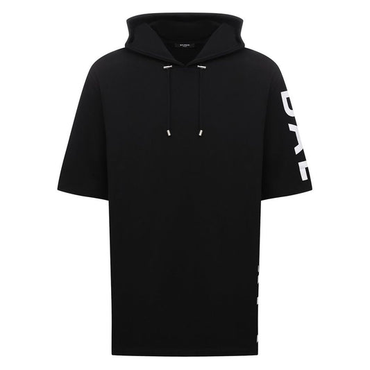 Balmain Black Cotton Sweater with logo print, half-sleeve, and drawstring hood, showcasing luxury fashion.