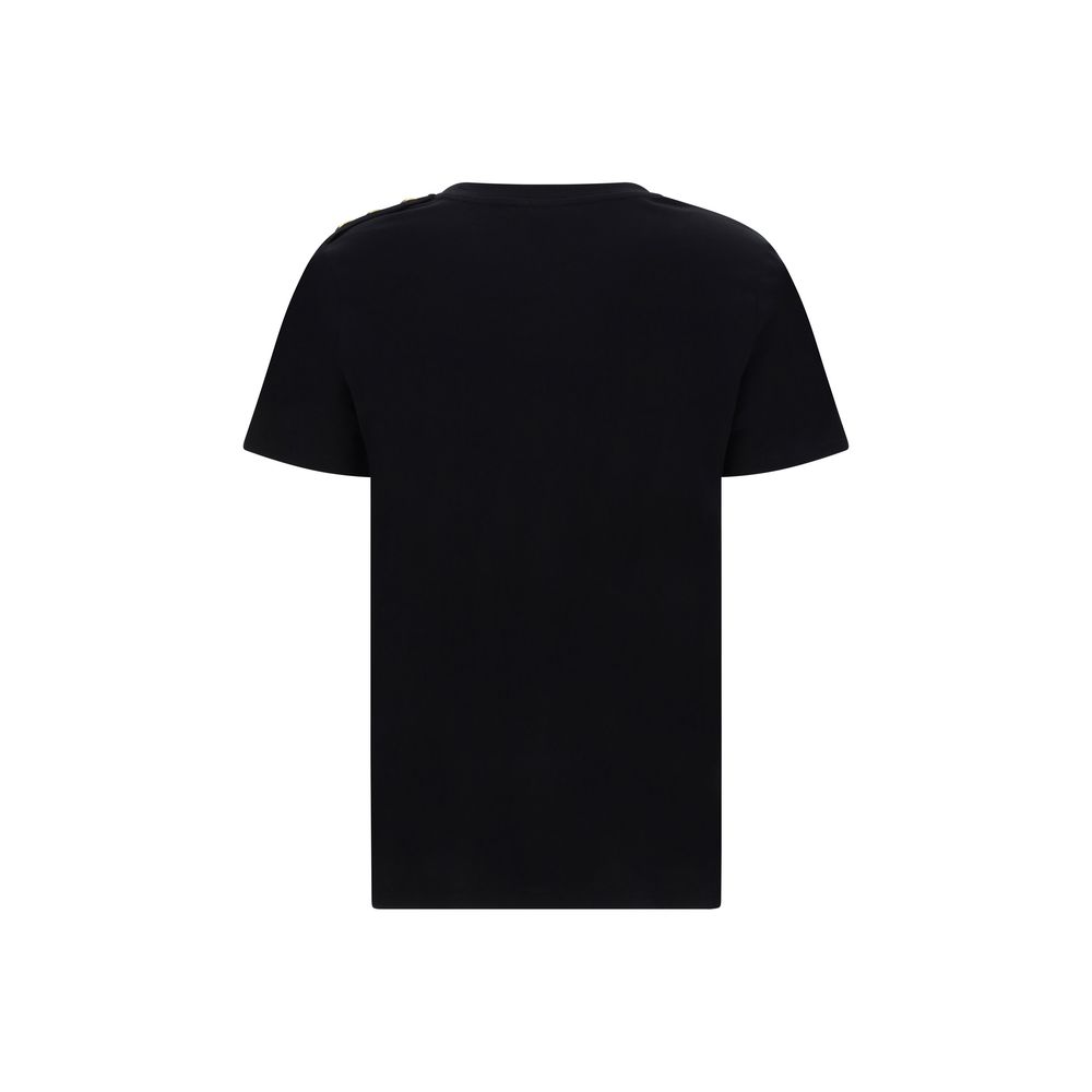 Back view of Balmain Black Cotton T-Shirt with iconic details and embossed shoulder buttons.