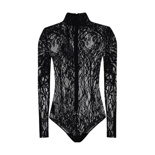 Balmain Black Cotton Top - Elegant lace bodysuit with high neck, zip fastening, and buttoned briefs for bold, sophisticated looks. AW25 collection.