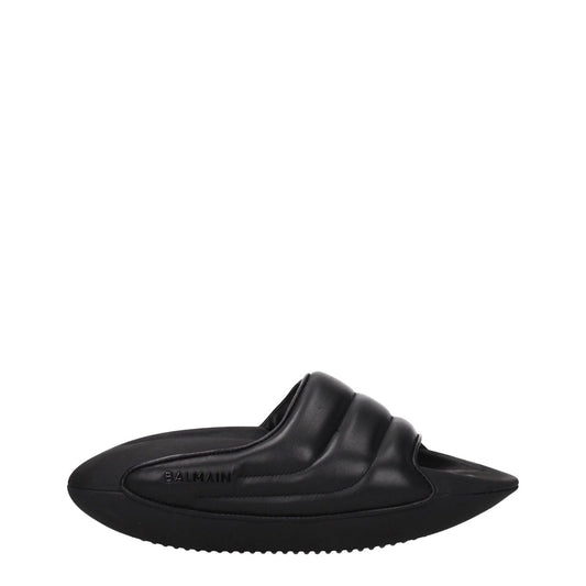 Balmain Black Leather Slippers with side logo, open toe and mid heels, made of leather with rubber sole, MPN VL299LPQP0PA.
