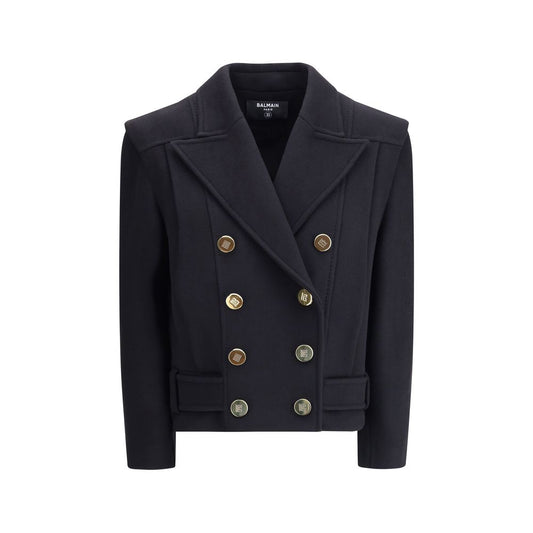 Balmain Black Wool Coat with engraved gold buttons, double-breasted design, and wide lapels. Sophisticated AW25 outerwear.