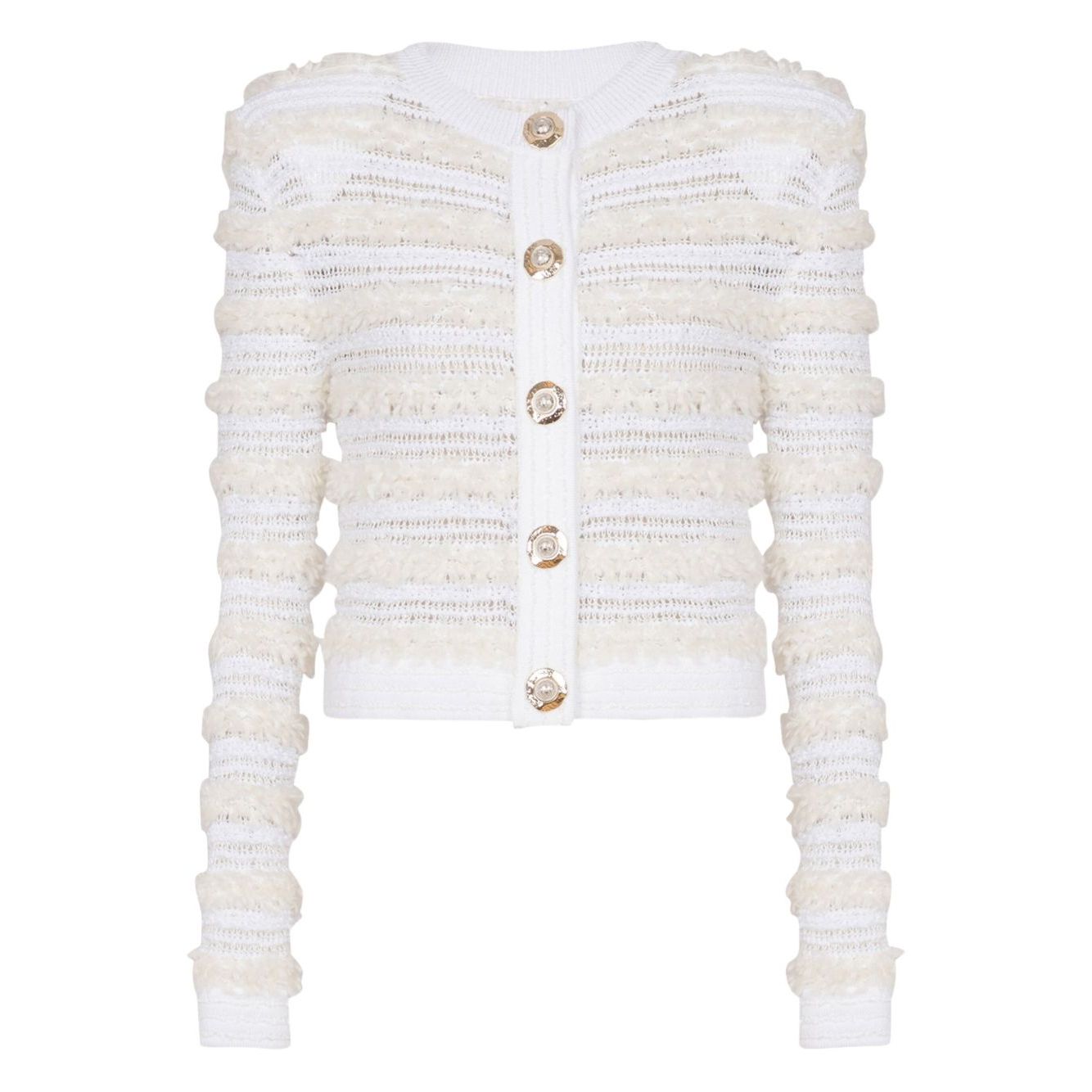 Balmain Long-sleeved tweed-effect knit cardigan in white with front button fastening, ribbed trim, and crew neck style.