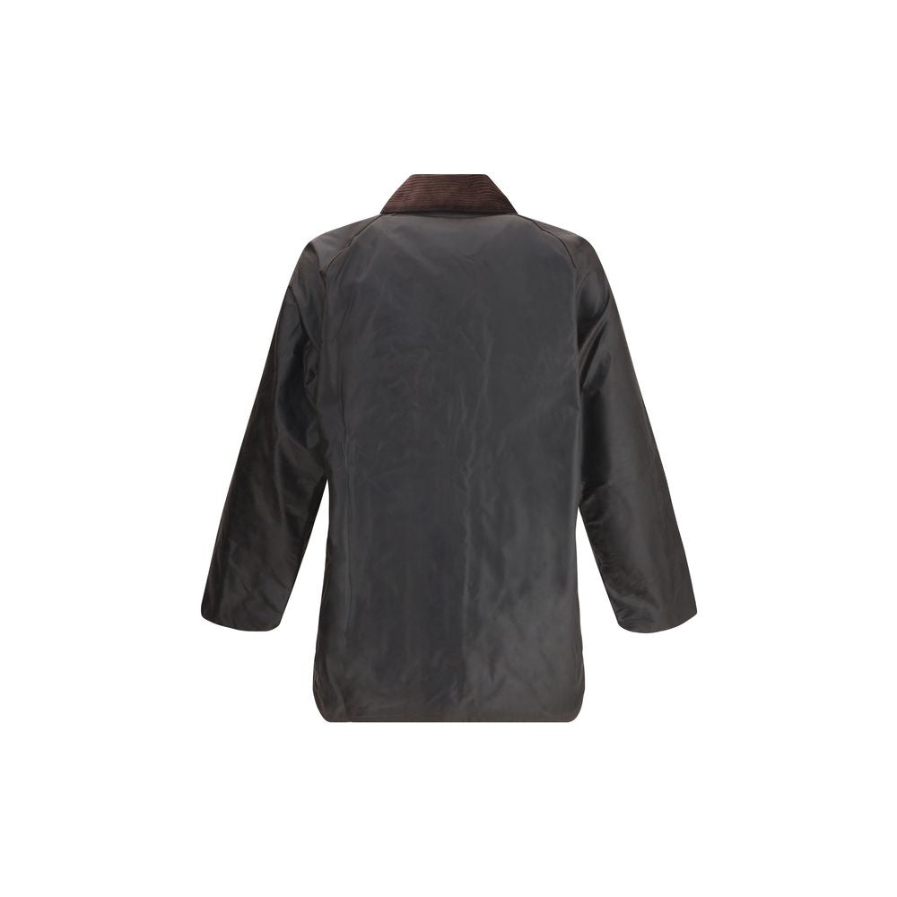 Back view of Barbour Black Cotton Coat showing corduroy collar and sleek design; medium-weight, waxed for weather protection.