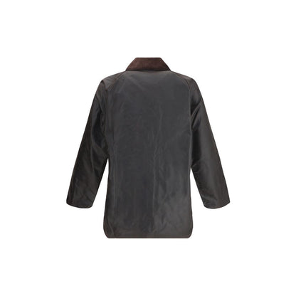 Back view of Barbour Black Cotton Coat showing corduroy collar and sleek design; medium-weight, waxed for weather protection.