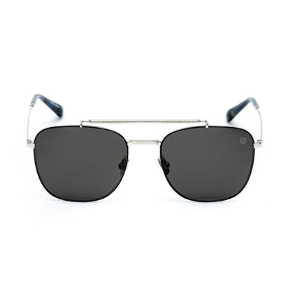 Front view of Belstaff Gray Titanium Sunglasses with dark lenses, handcrafted in Japan using high-grade Mazzucchelli and Japanese acetate.
