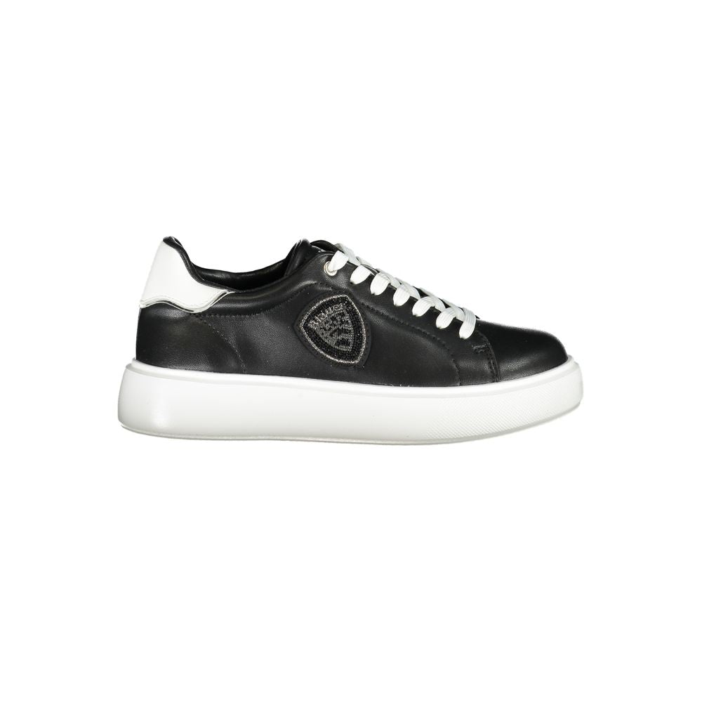 Blauer Black Leather Women Sneaker with logo, contrasting white details, and rhinestone embellishments for fashionable comfort.
