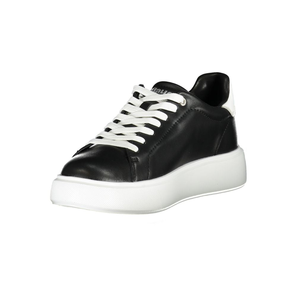 Blauer Black Leather Women Sneaker with white details and rhinestone embellishments, featuring a removable insole for customizable comfort.