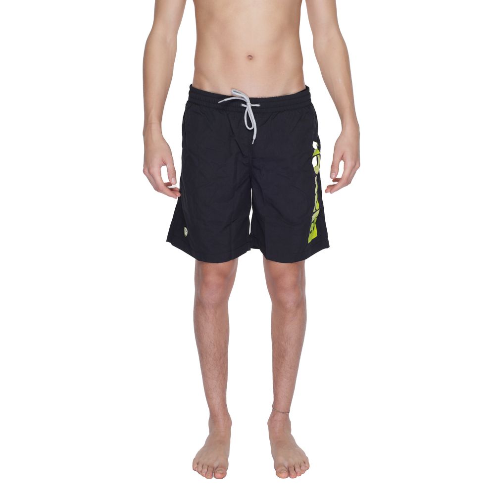 Blauer Black Polyamide Swim Shorts featuring an elastic waistband and bold logo, perfect for beach or pool, model wearing the product.