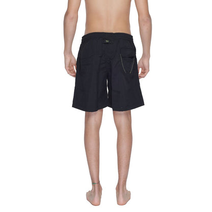 Back view of Blauer Black Polyamide Swim Shorts featuring elastic waistband and pocket.