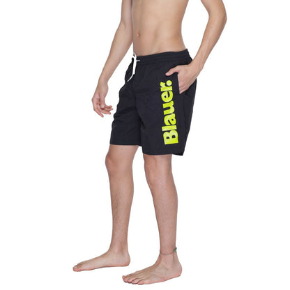 Blauer Black Polyamide Swim Shorts with elastic waistband and bold logo on leg, perfect for beach or pool.