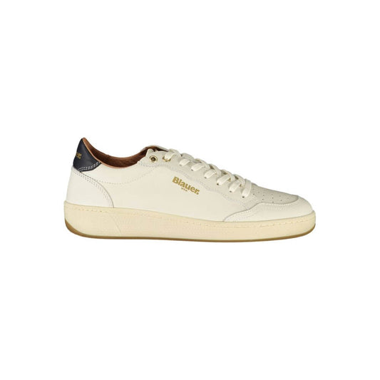 Blauer White Leather Women Sneaker with black accents and removable footbed for comfort, featuring signature print and logo.