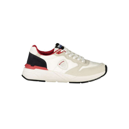 Blauer White Polyester Men Sneaker with red details and Blauer logo, stylish and dynamic athletic shoe.