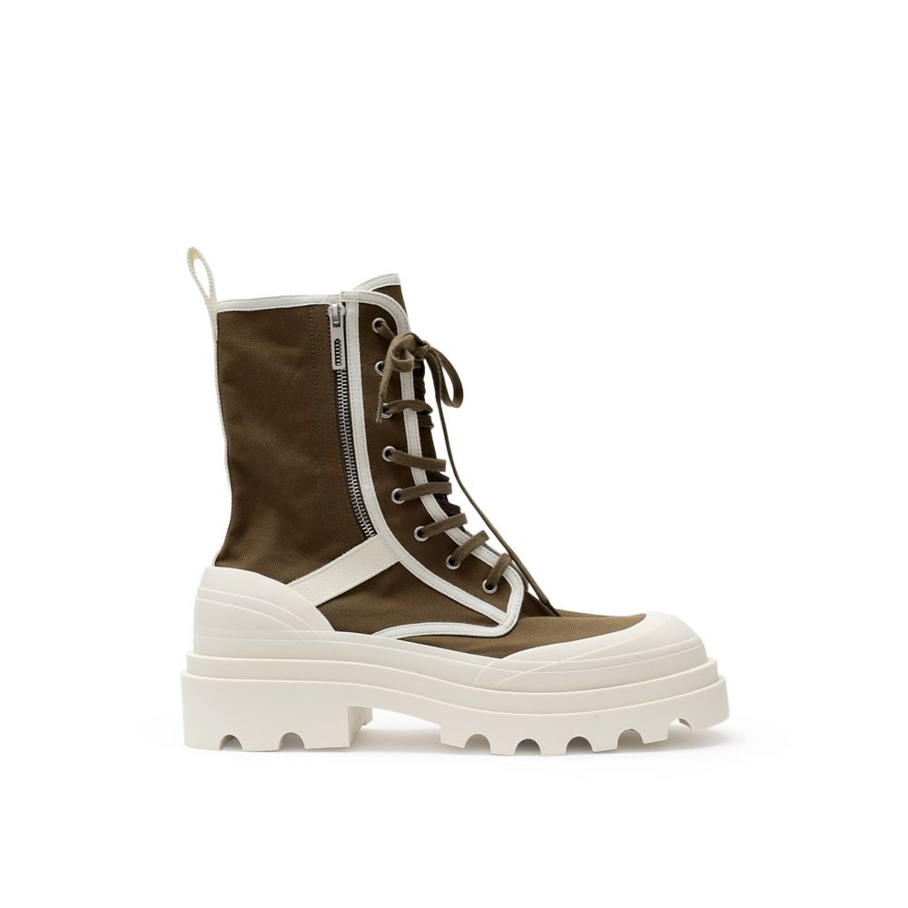 Bottega Veneta Green Cotton Lace-Up Boots with khaki and white canvas, side zip, and chunky white rubber outsole.
