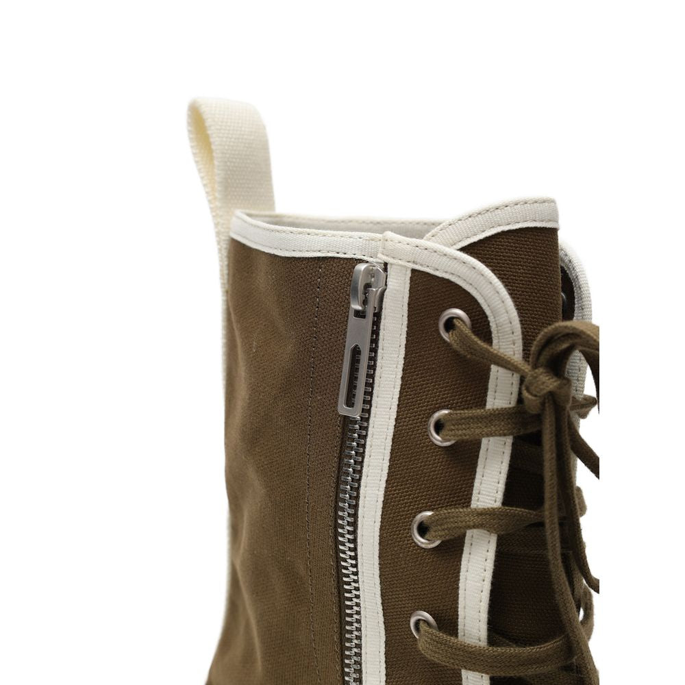 Close-up of Bottega Veneta Green Cotton Lace-Up Boots showing side zip and white trim.