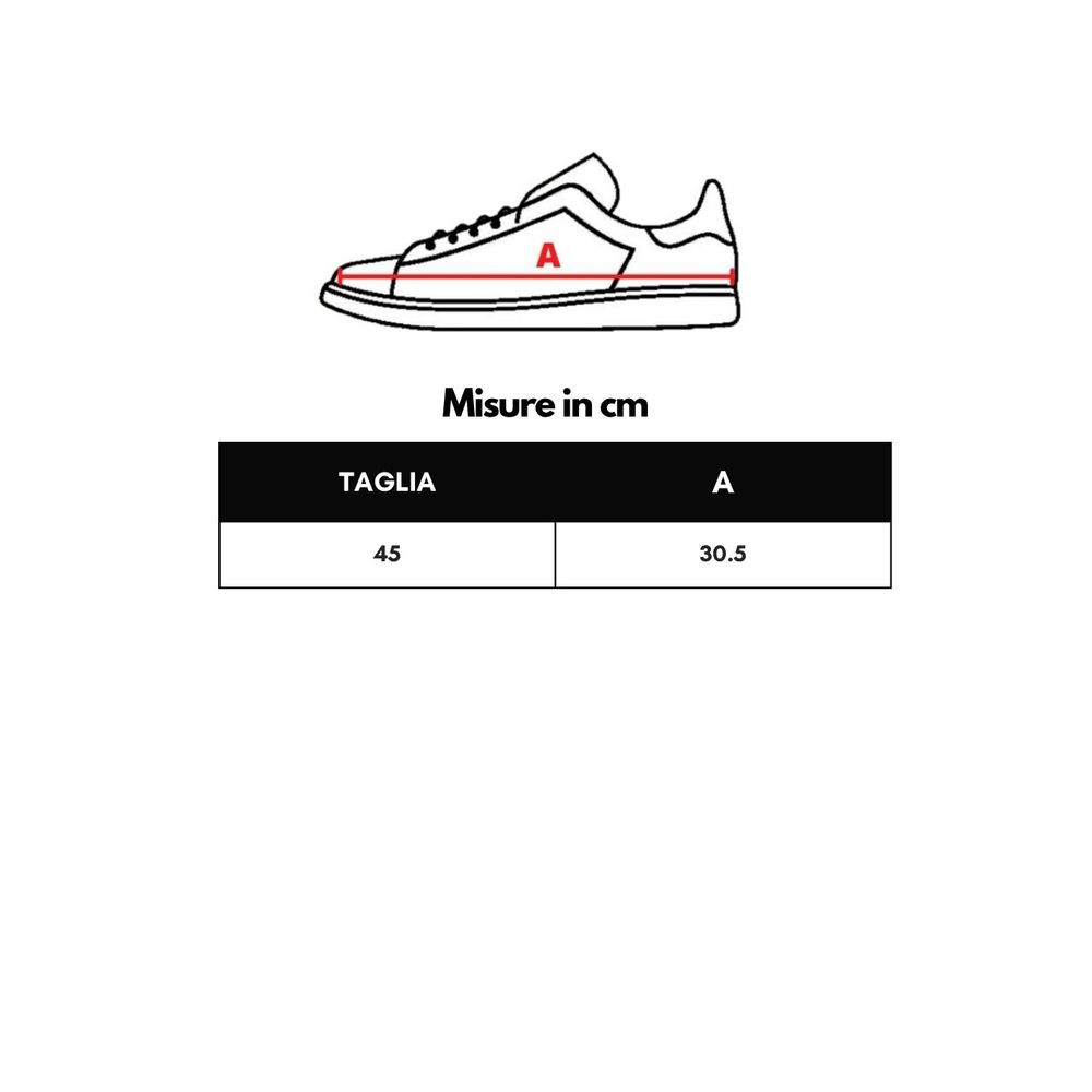 Size chart for shoe model with measurements in centimeters, including size 45 with 30.5 cm length.