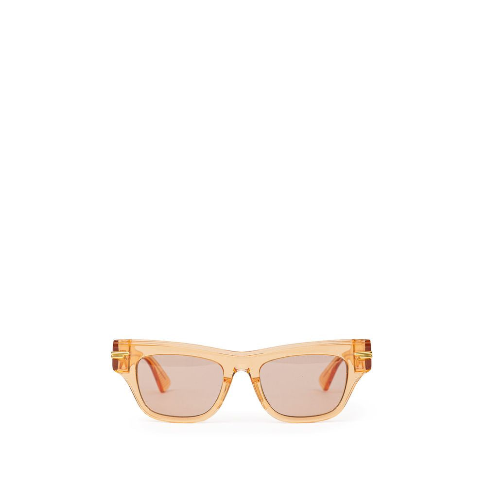 Bottega Veneta Orange Acetate Sunglass with transparent frame, orange lens, and gold temple details.