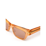 Bottega Veneta Orange Acetate Sunglass with transparent crystal effect frame, orange lens, and gold temple details.