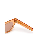 Bottega Veneta Orange Acetate Sunglass with transparent crystal effect frame, orange lens, gold temple details, made from recycled acetate.