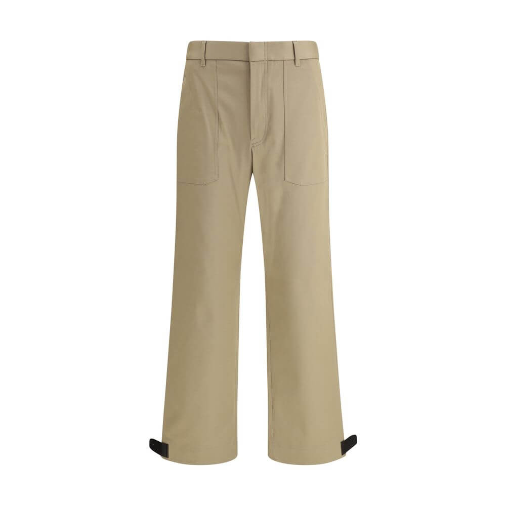 Brioni Beige Cotton Cargo Pants with straight leg, patch pockets, and leather buckle detail on adjustable bottom for AW25.