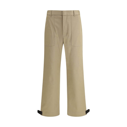 Brioni Beige Cotton Cargo Pants with straight leg, patch pockets, and leather buckle detail on adjustable bottom for AW25.