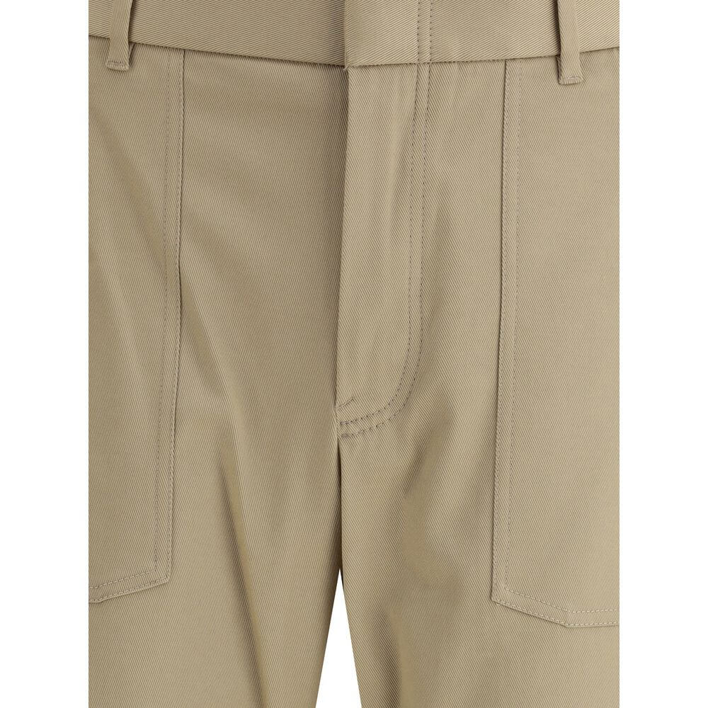Brioni Beige Cotton Cargo Pants with zip-and-hook closure, elasticized back, patch pockets, straight leg, leather buckle. AW25 collection.