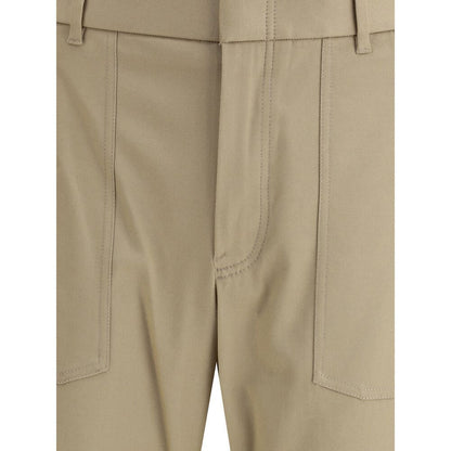 Brioni Beige Cotton Cargo Pants with zip-and-hook closure, elasticized back, patch pockets, straight leg, leather buckle. AW25 collection.