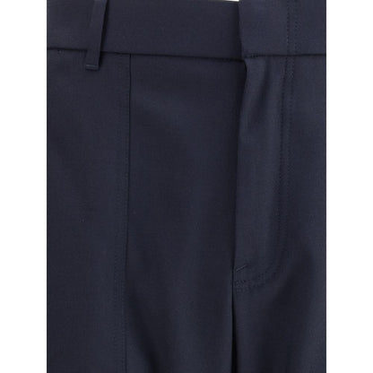 Brioni Blue Wool Casual Pants with elasticized hem and belt loops, showcasing refined style and practical patch pockets for a modern look.