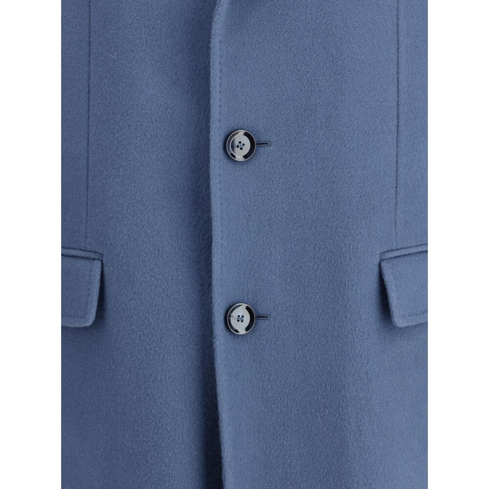 Brioni Light Blue Wool Coat featuring classic lapel, button closure, flap welt pockets, chest pocket, and back vent for a refined look.