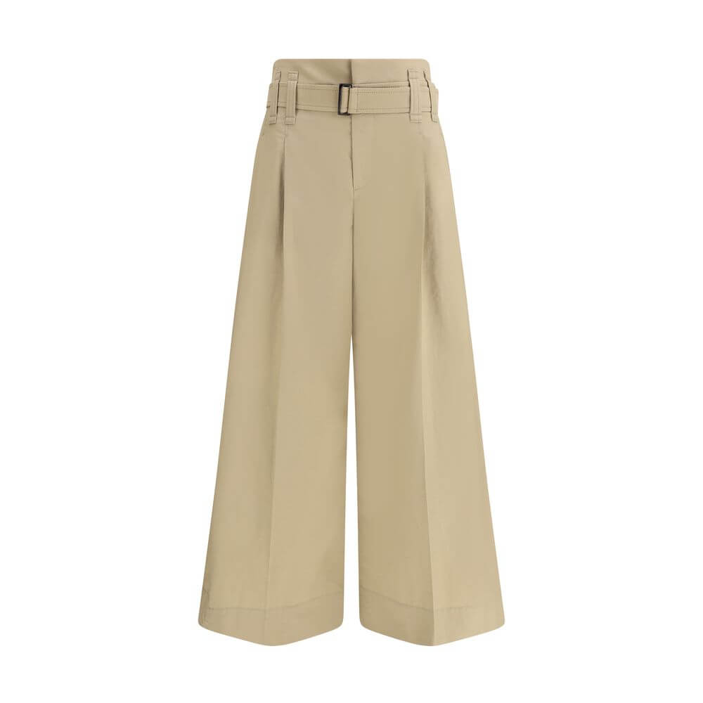 Brunello Cucinelli Beige Cotton Cropped Pants featuring pleated techno cotton twill in a boxy silhouette with a draw belt and double dart.