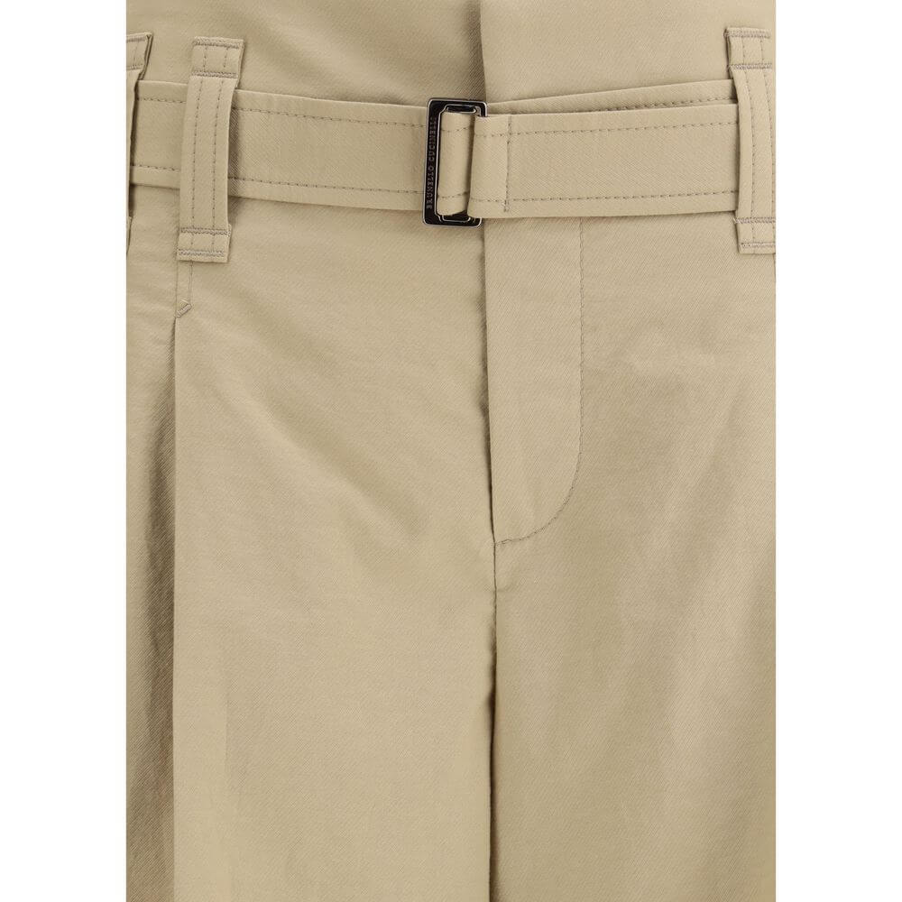 Brunello Cucinelli Beige Cotton Cropped Pants with pleats and draw belt details for a sophisticated and contemporary look.