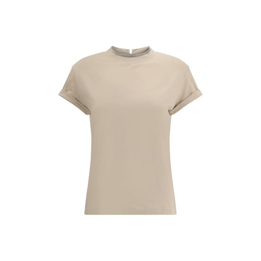 Brunello Cucinelli Beige Elastane T-Shirt with crewneck, keyhole back, and jewel appliqué, in cotton elastane blend, regular fit.