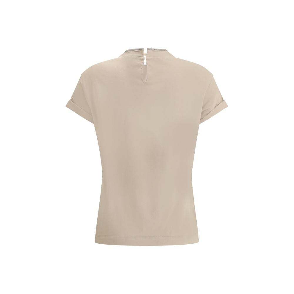 Brunello Cucinelli Beige Elastane T-Shirt, crewneck with jewel appliqué, back view, regular fit, cotton blend, AW25 collection.