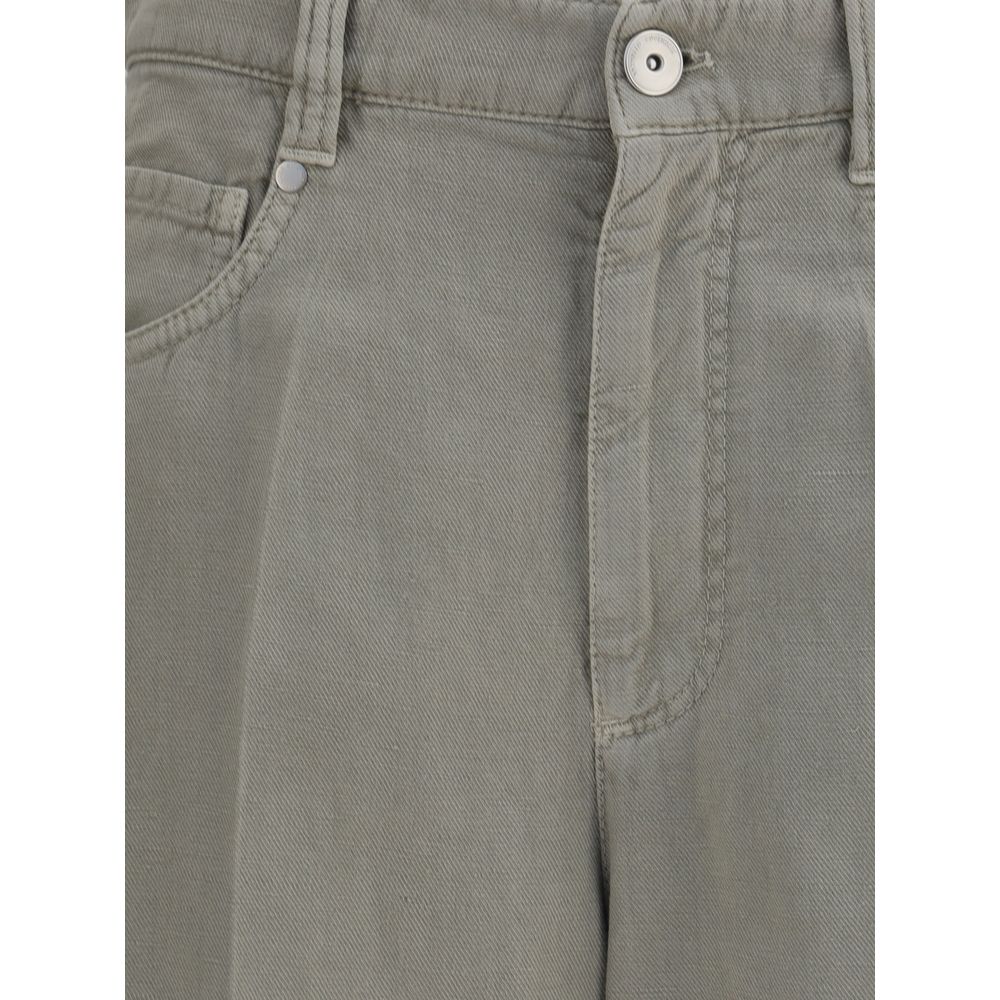 Close-up of Brunello Cucinelli Bicolor Cotton Relaxed Fit Jeans showing button closure and pocket detailing.