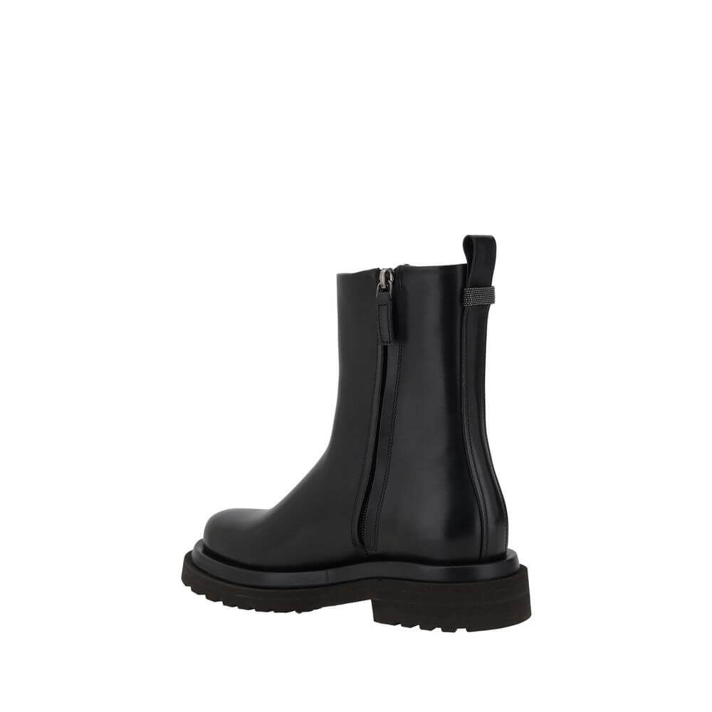 Brunello Cucinelli Black Calf Leather Bos Taurus Ankle Boots with block heel and side zipper for a sleek, comfortable fit